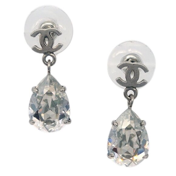Chanel Teardrop Piercing Earrings Rhinestone Silver A12W 124936 - Picture 1 of 8